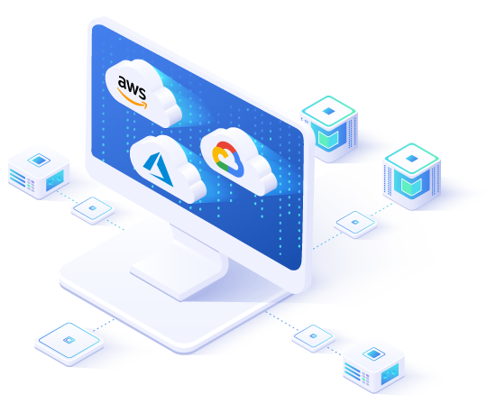 Image of computer with 3 cloud options on the screen (AWS, Google Cloud, and Azure), surrounded by connecting technology.